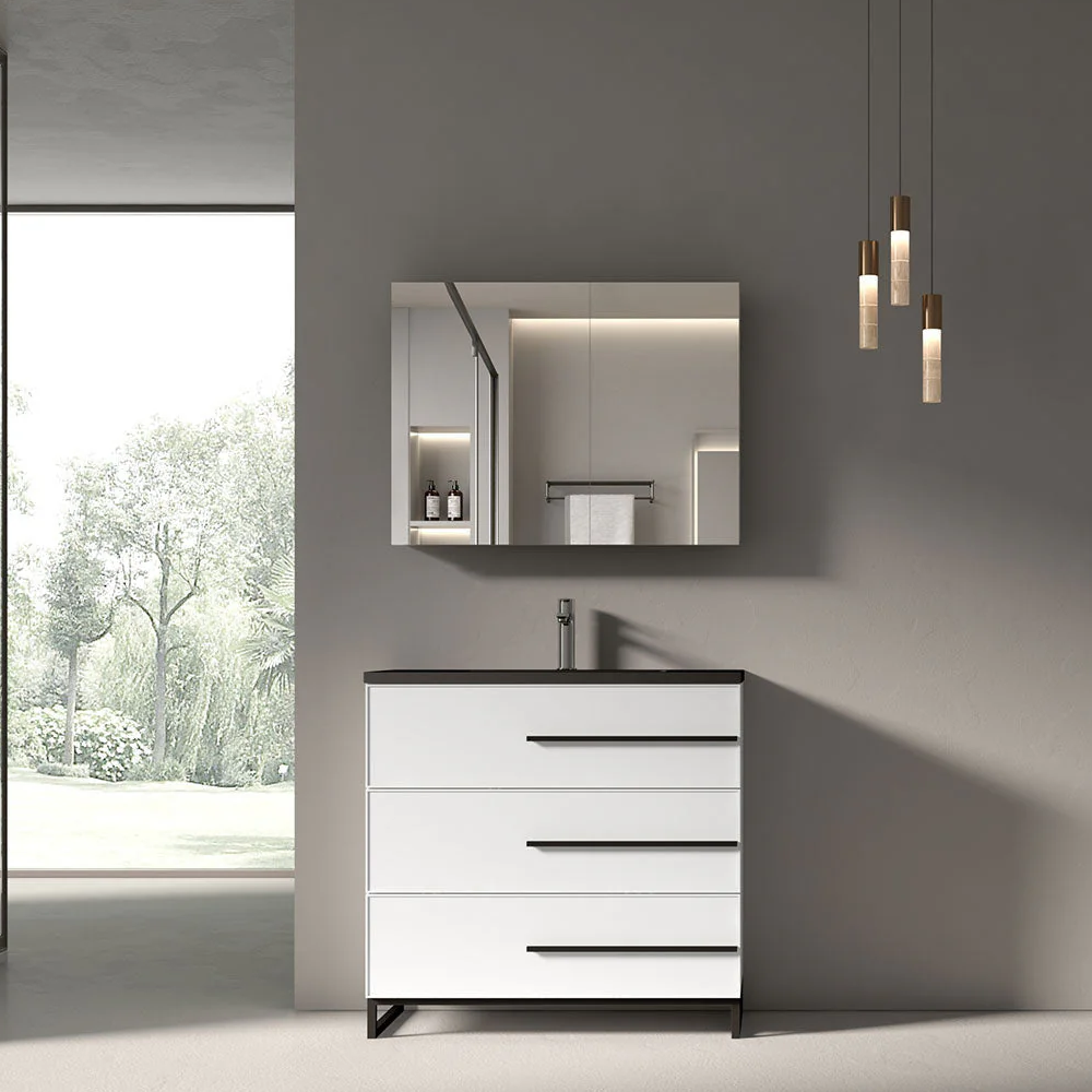 36" W Freestanding White Vanity Matte Black Sand Sink Top | LessCare